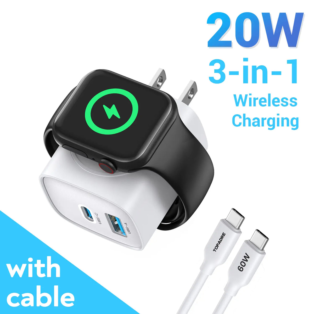 TOPADRE 3-in-1 Magnetic Wireless Apple watch PD USB-C Wall Charger Block - 20W Fast Charging, Compatible with iWatch Ultra/9/8/7/6/SE Series, iPhone 17/17 Pro/16/16 Pro/15 Series, Compact & Travel Essential Gift Ideas