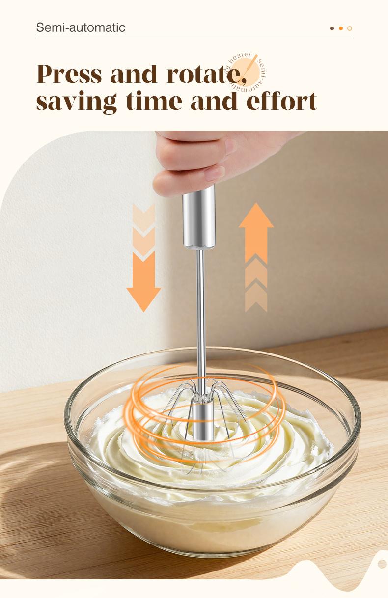 AA Food-Grade Stainless Steel Hand-Push Rotary Whisk, Rust-Resistant with Sturdy Riveted Construction, Semi-Automatic Kitchen Utensil for Coffee, Egg Whisking and Cooking Tasks, Easy to Clean