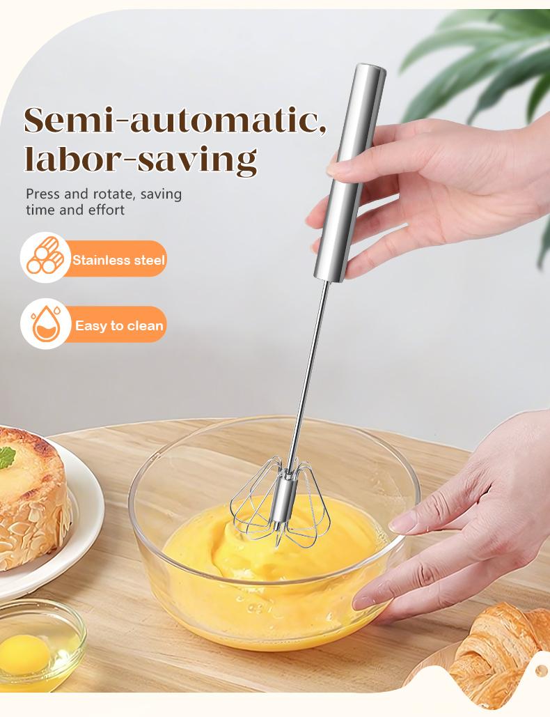 AA Food-Grade Stainless Steel Hand-Push Rotary Whisk, Rust-Resistant with Sturdy Riveted Construction, Semi-Automatic Kitchen Utensil for Coffee, Egg Whisking and Cooking Tasks, Easy to Clean