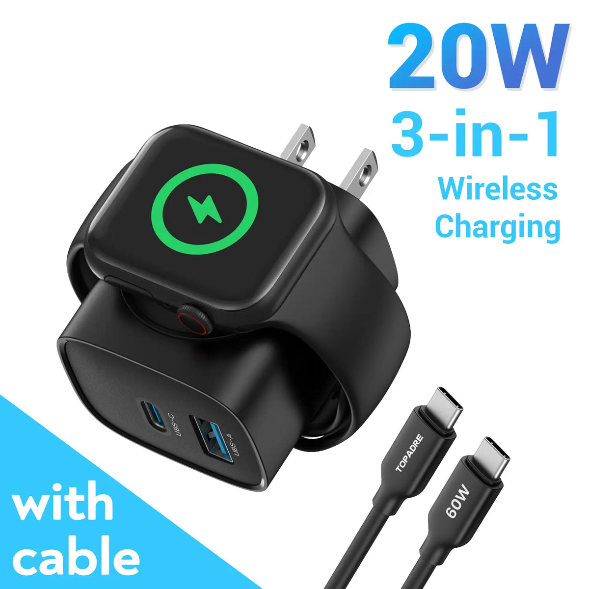 TOPADRE 3-in-1 Magnetic Wireless Apple watch PD USB-C Wall Charger Block - 20W Fast Charging, Compatible with iWatch Ultra/9/8/7/6/SE Series, iPhone 17/17 Pro/16/16 Pro/15 Series, Compact & Travel Essential Gift Ideas