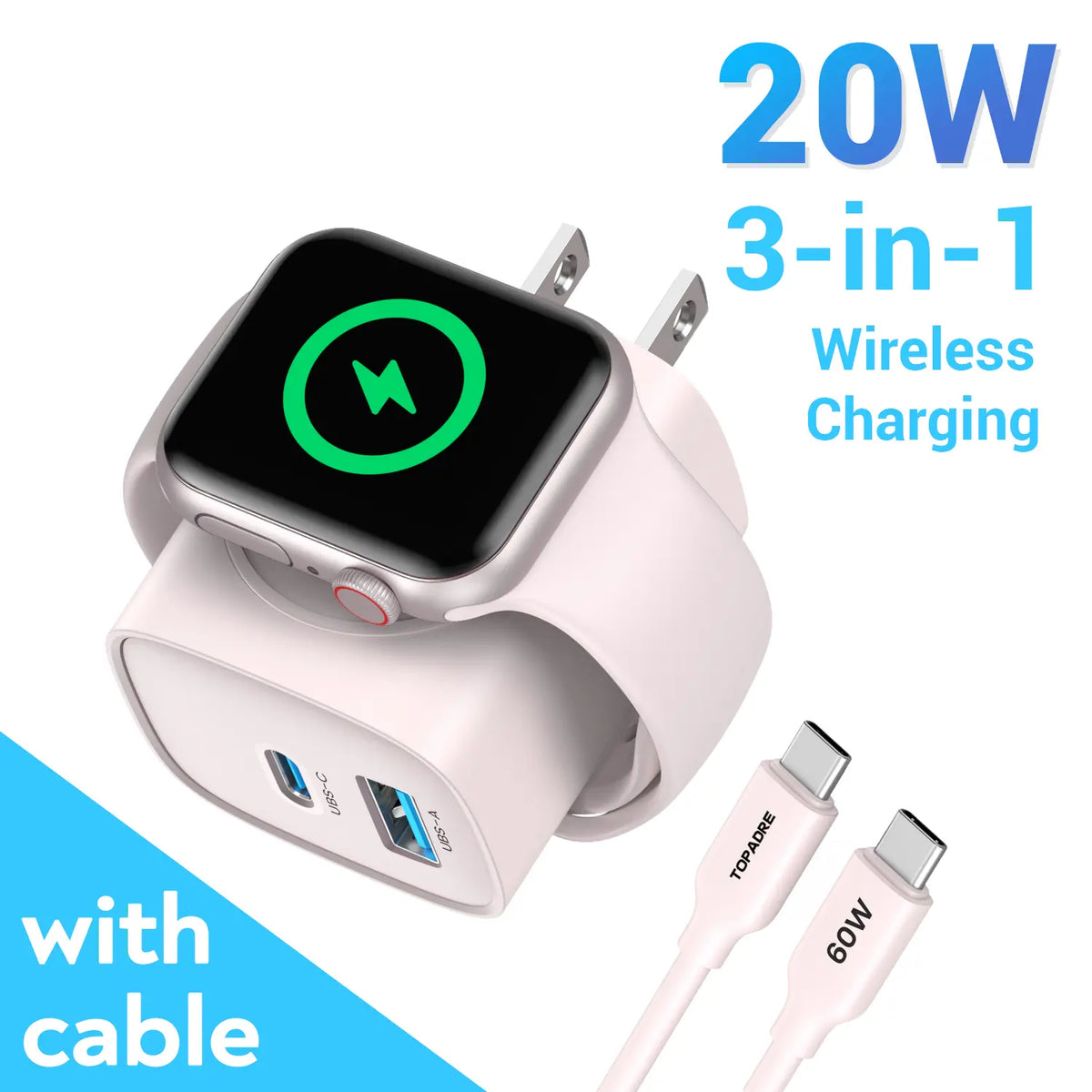 TOPADRE 3-in-1 Magnetic Wireless Apple watch PD USB-C Wall Charger Block - 20W Fast Charging, Compatible with iWatch Ultra/9/8/7/6/SE Series, iPhone 17/17 Pro/16/16 Pro/15 Series, Compact & Travel Essential Gift Ideas
