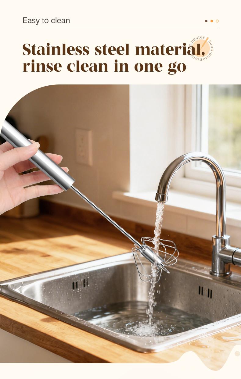 AA Food-Grade Stainless Steel Hand-Push Rotary Whisk, Rust-Resistant with Sturdy Riveted Construction, Semi-Automatic Kitchen Utensil for Coffee, Egg Whisking and Cooking Tasks, Easy to Clean